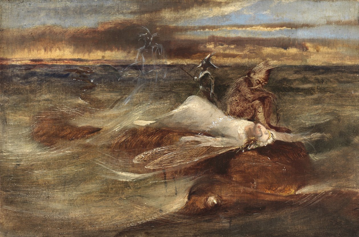 A Fada e a Serpente Marinha (óleo sobre tela colocado no painel) de John Anster Fitzgerald