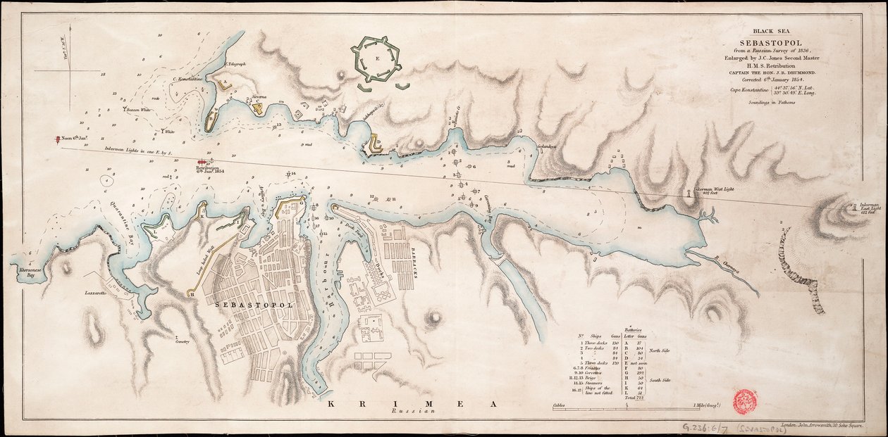 Sebastopol do Mar Negro a partir de um levantamento russo de 1836 de John Arrowsmith