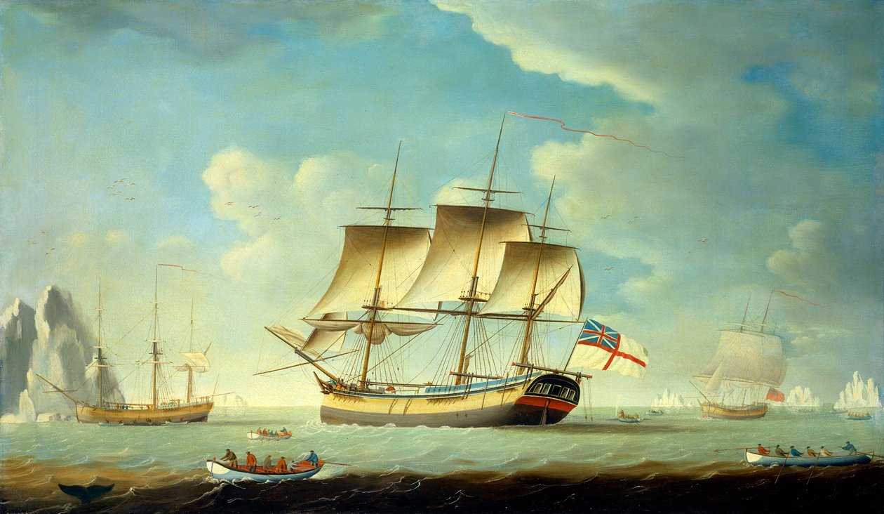 Um baleeiro e outras embarcações numa brisa ligeira, c.1790 (óleo sobre tela) de John Askew