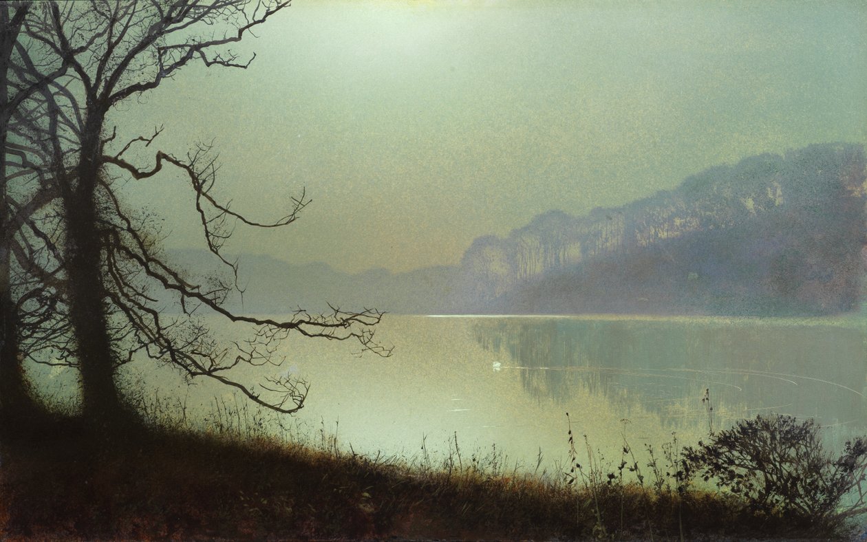 Na margem do lago, luar (óleo no cartão) de John Atkinson Grimshaw