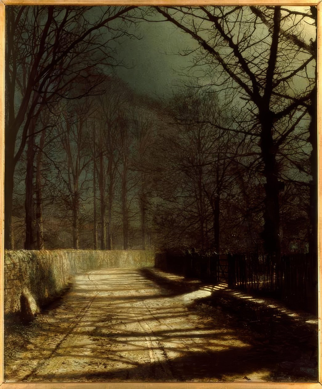 JAGrimshaw, pista enluarada com dois amantes por um portão - Gem. de John Atkinson Grimshaw