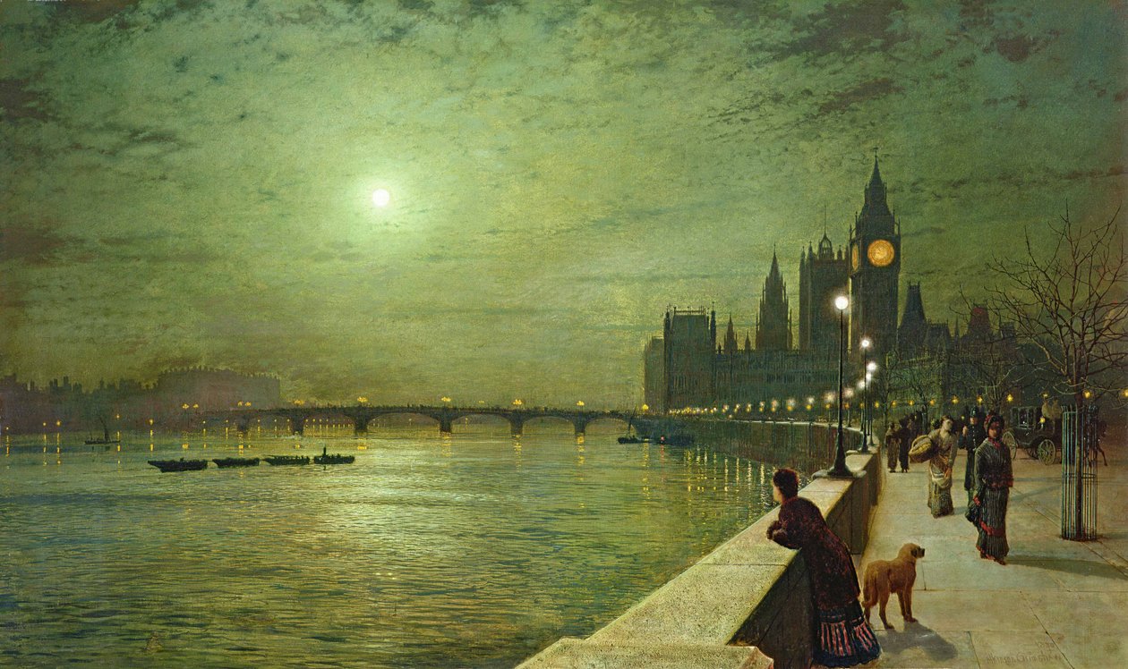 Reflexões sobre o Tamisa, Westminster de John Atkinson Grimshaw