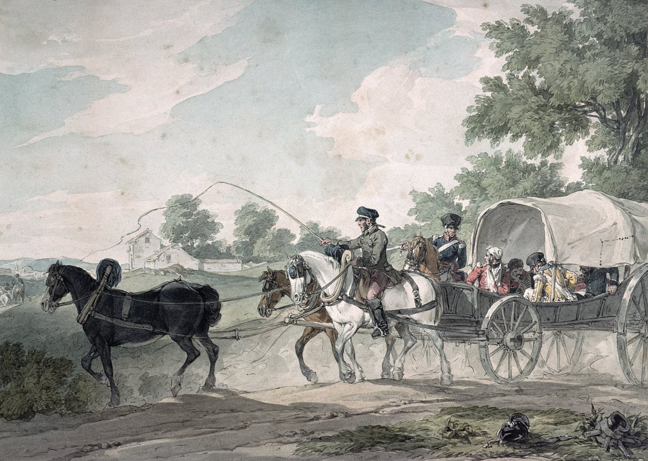 Vagão belga transportando feridos do campo após a batalha de Waterloo, 1815 de John Augustus Atkinson