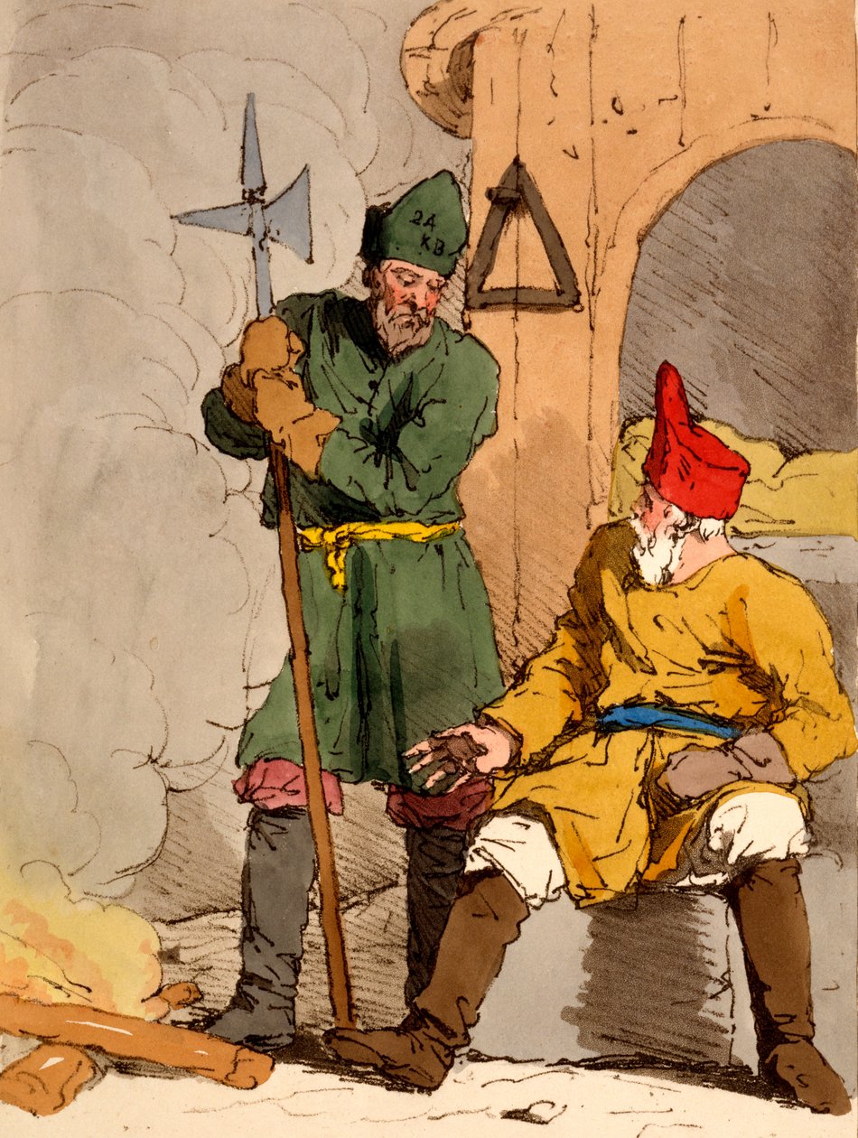 &39;Boutoushniki&39; ou Watchmen, ilustração de &39;As maneiras, costumes e divertimentos dos russos&39; por James Walker, publicado 1803-4 (gravura em água) de John Augustus Atkinson
