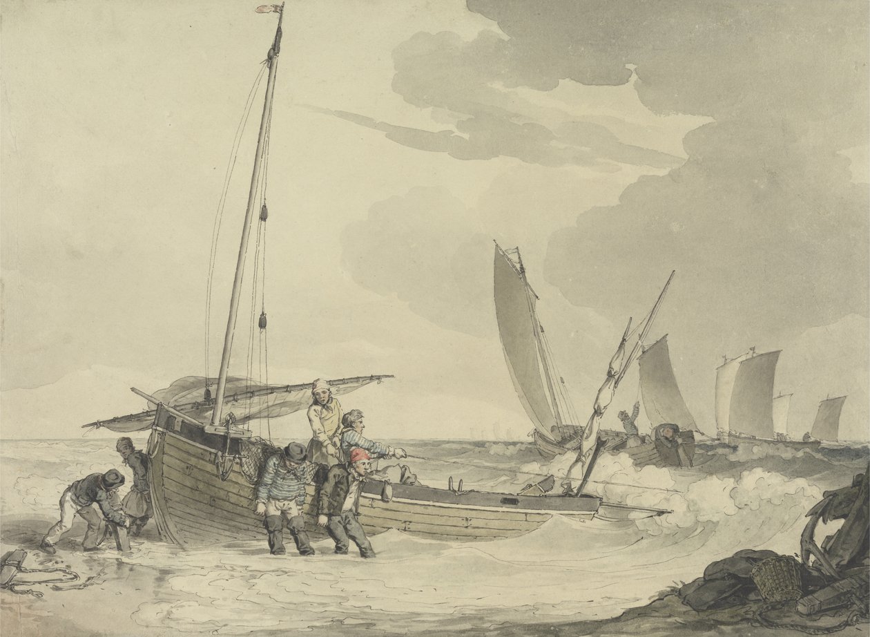 Pescador colocando para o mar, c.1810 (wc com caneta e tinta no papel) de John Augustus Atkinson