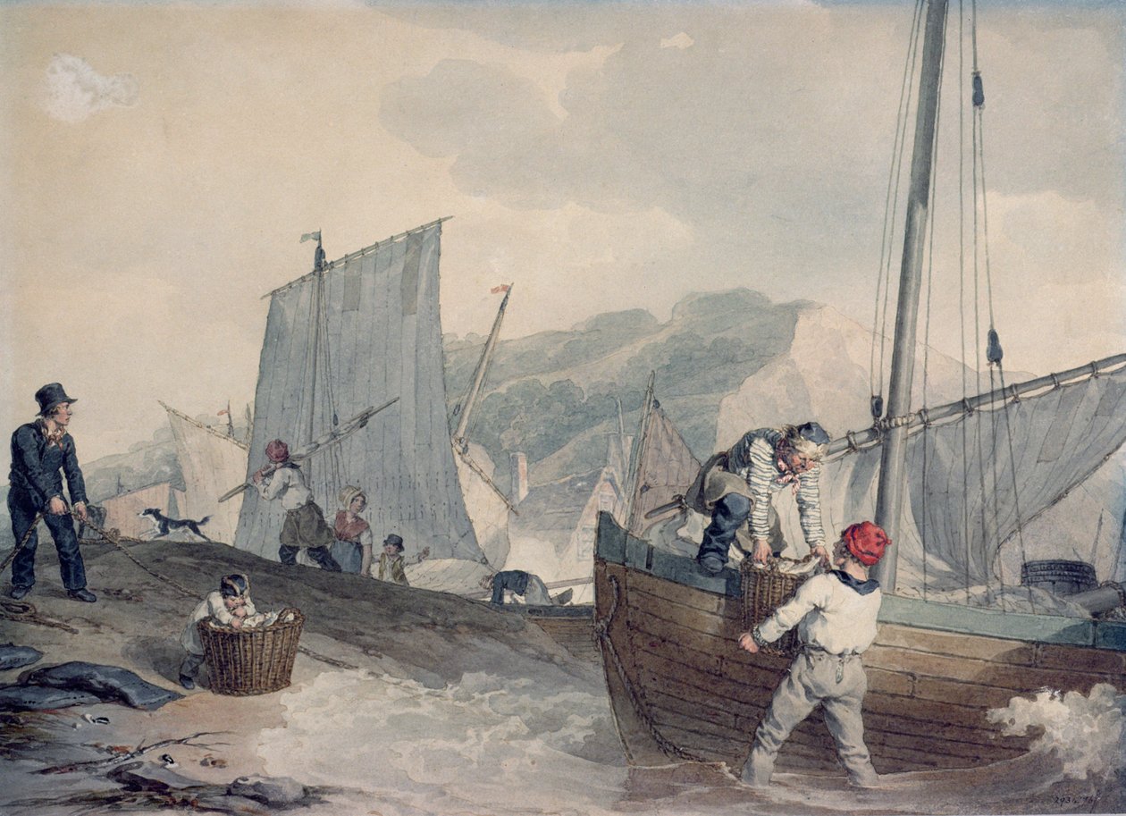 Descarregamento de barcos de pesca (aquarela) de John Augustus Atkinson