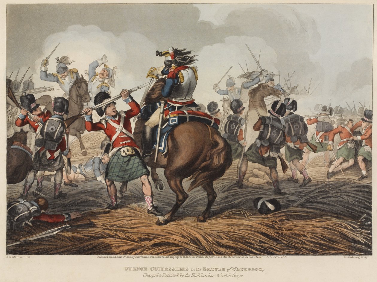 Couraceiros franceses na batalha de Waterloo atacados e derrotados pelos Highlanders e Scotch Greys, gravados por M. Dubourg, 1819 (aquatinta colorida) de John Augustus Atkinson