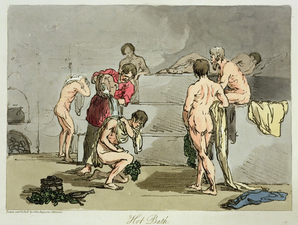 Banho quente, prato 73 do Volume III de &39;As maneiras, costumes e diversões dos russos&39;, gravado pelo artista, pub. 1804 (aquatinta) de John Augustus Atkinson