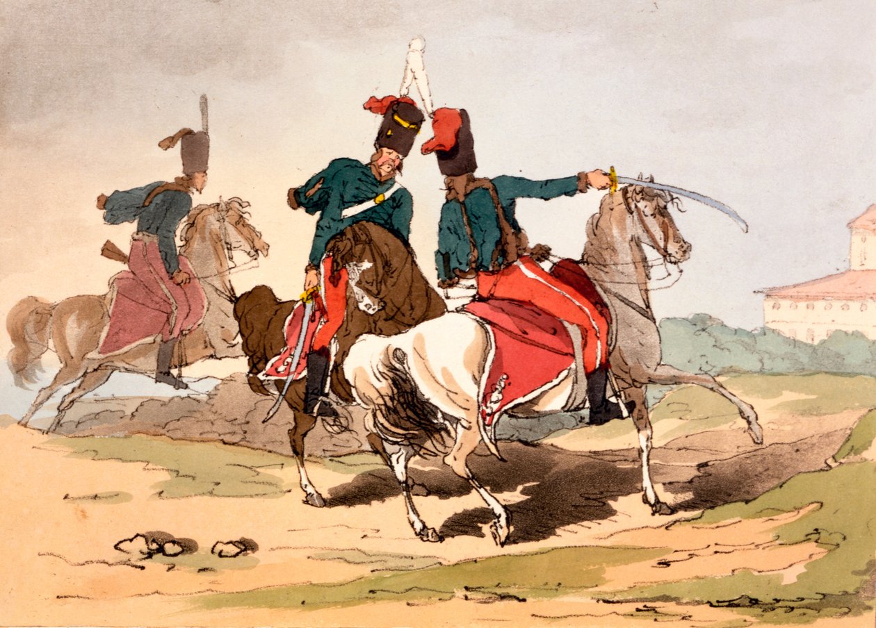Hussardos em uniformes de estilo húngaro, ilustração de "As maneiras, costumes e diversões do russo", de James Walker, publicado em 1803-4 (gravura em água) de John Augustus Atkinson