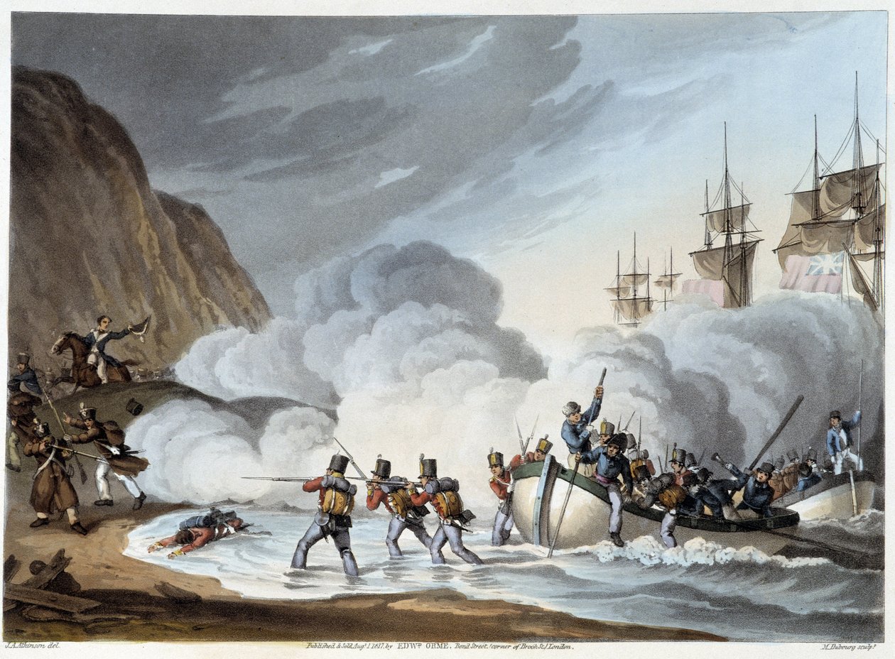 Aterragem de Tropas, Início do Século XIX em "Anecdotes Históricos, Militares e Navais..." de Edward Orne de John Augustus Atkinson