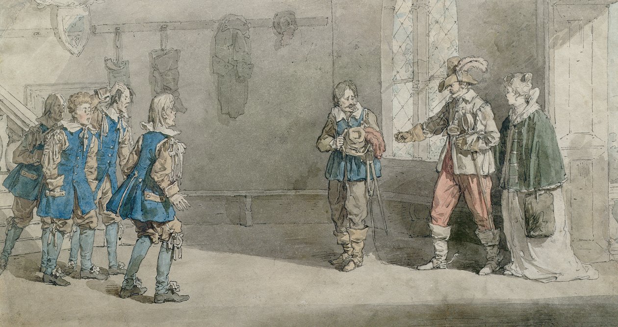 Petruchio, Katarina e servos em uma cena de &39;The Taming of the Shrew&39;, c.1815 (caneta e wc no papel) de John Augustus Atkinson