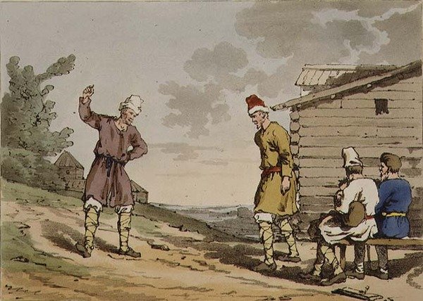 Dança Polaca, placa 96 do Volume III de "Os modos, costumes e diversões dos russos", gravada pelo artista, pub. 1804 (aquatint) de John Augustus Atkinson