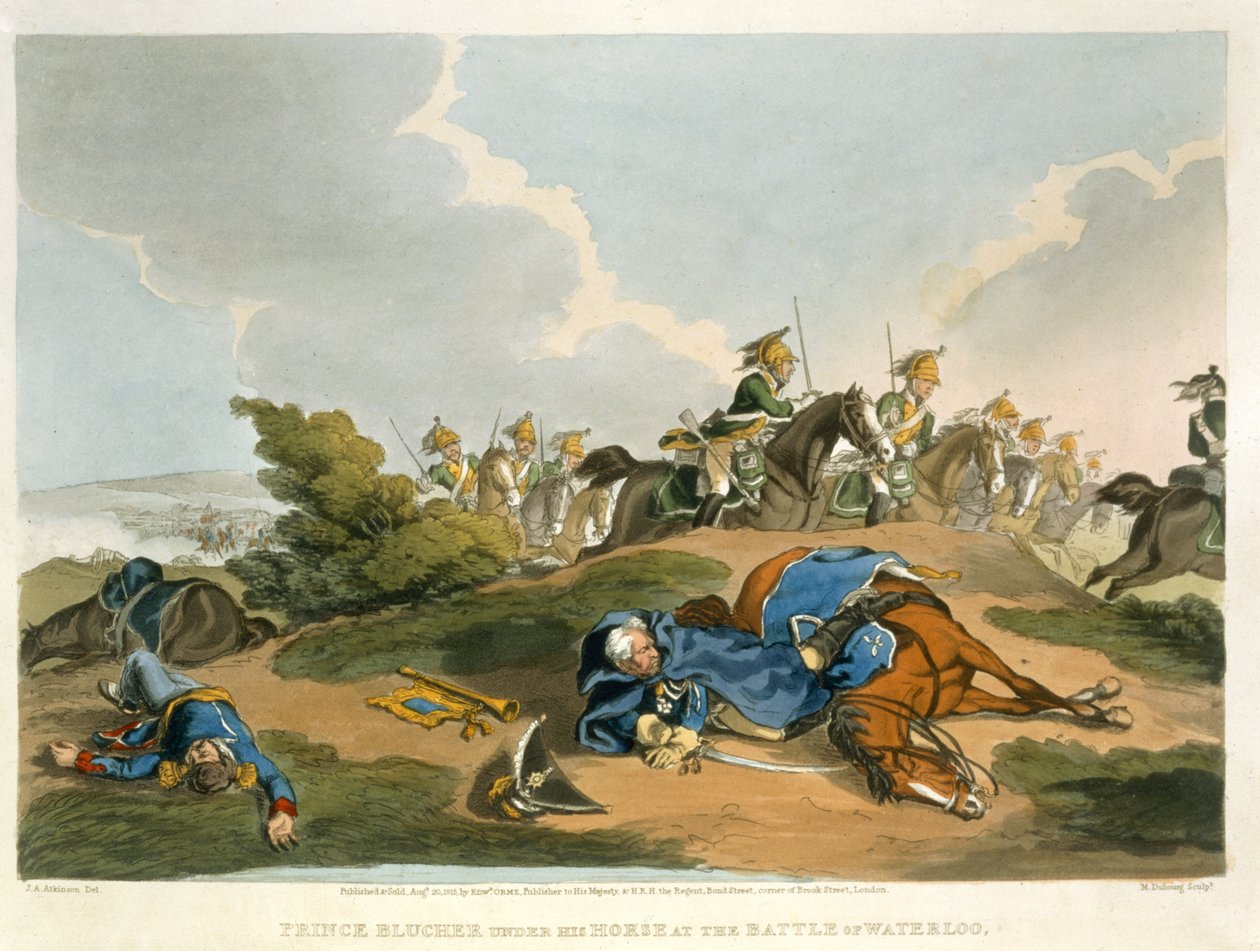 Príncipe Blucher sob seu cavalo na batalha de Waterloo, gravada por Matthew Dubourg (fl.1813-20) de "histórico, militar e anedotas navais", pub. por Edward Orme (1774-c.1820) 1815 (aquatinta) de John Augustus Atkinson