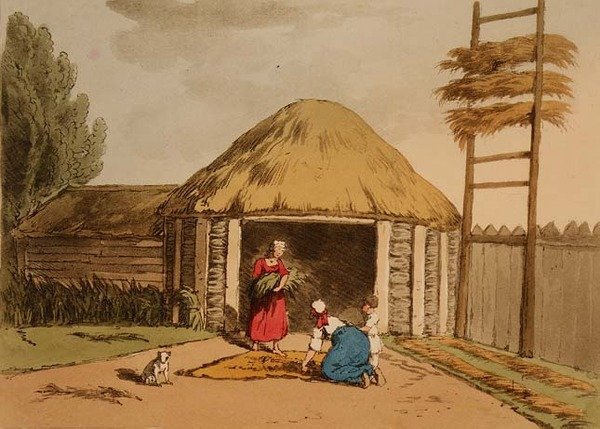 Sorting and Drying Hemp, placa 95 do Volume III de "The Manners, Customs and Amusements of the Russians", gravada pelo artista, pub. 1804 (aquatint) de John Augustus Atkinson