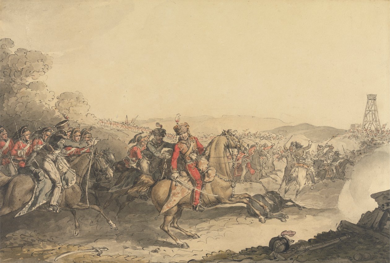 O Marquês de Anglesea Ferido ao Liderar uma Carga de Cavalaria Pesada no Encerramento da Batalha de Waterloo de John Augustus Atkinson