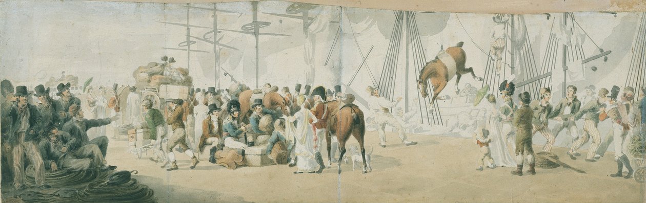 O embarque de tropas e cavalos em Margate (Inglaterra), cerca de 1800. Aguarela (17,8x54 cm) de John Augustus Atkinson (1775-1833), início do século XIX. de John Augustus Atkinson