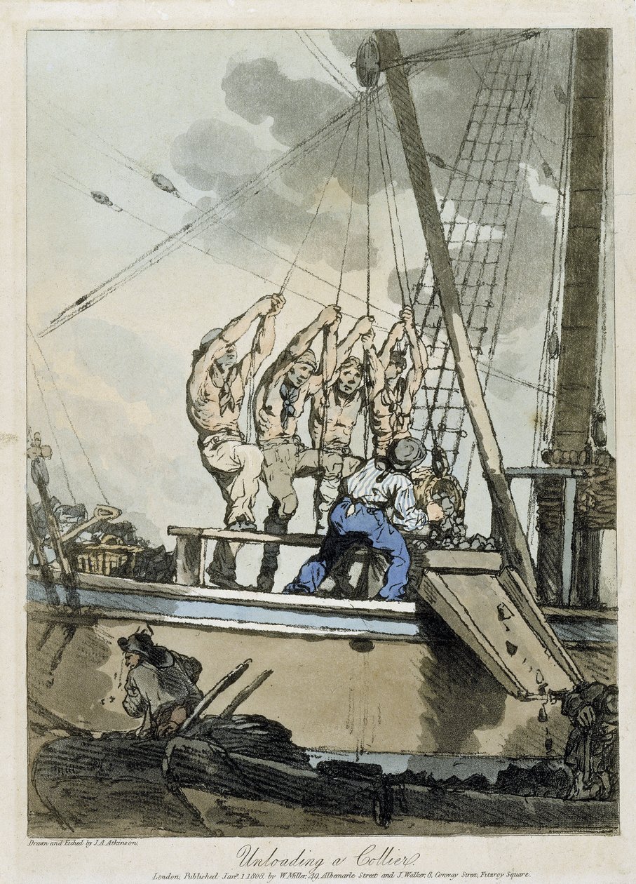 Descarga de carvão de um navio de carga e de um barco a vapor de John Augustus Atkinson