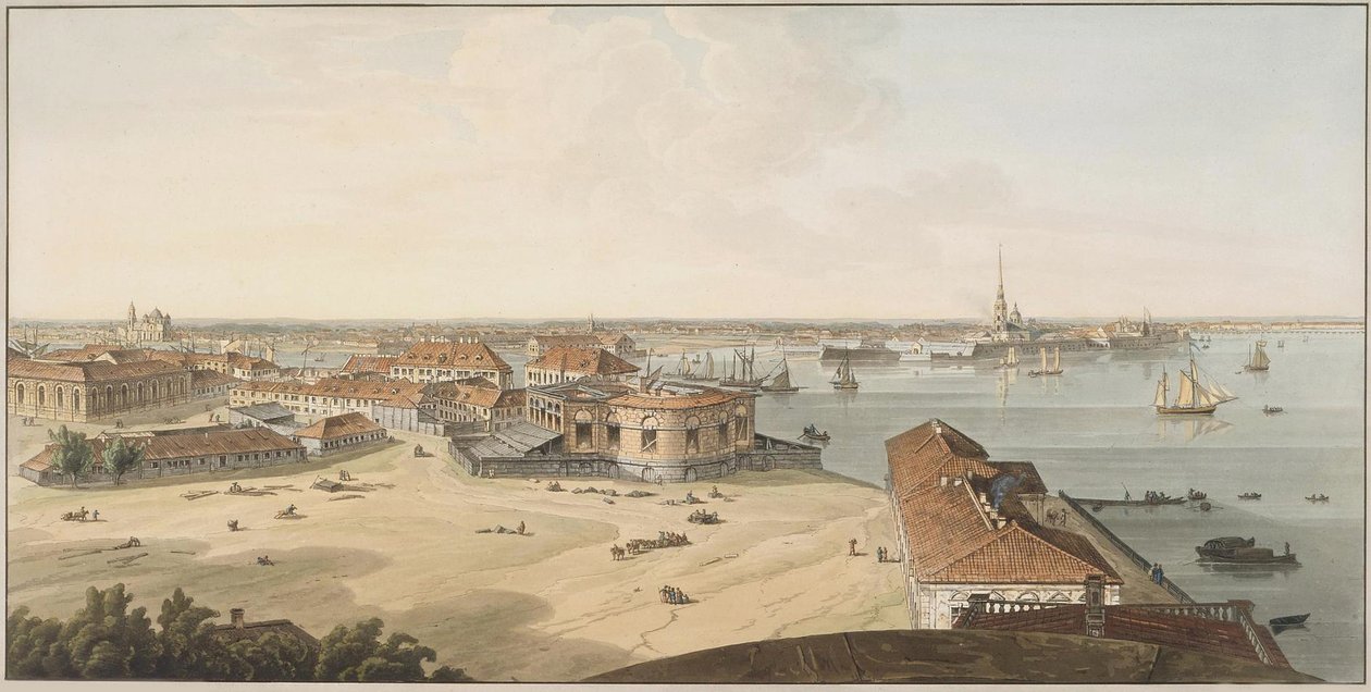 Vista para o espeto da ilha Vasilyevsky e da fortaleza de Pedro e Paulo, entre 1802 e 1805 de John Augustus Atkinson
