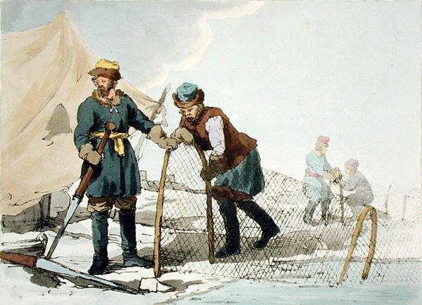 Winter Fishing, gravada pelo artista, publicada em 1804 (cor litho) de John Augustus Atkinson