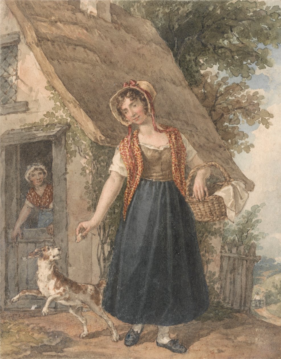 Jovem mulher com cão fora de uma porta de casa de campo de John Augustus Atkinson