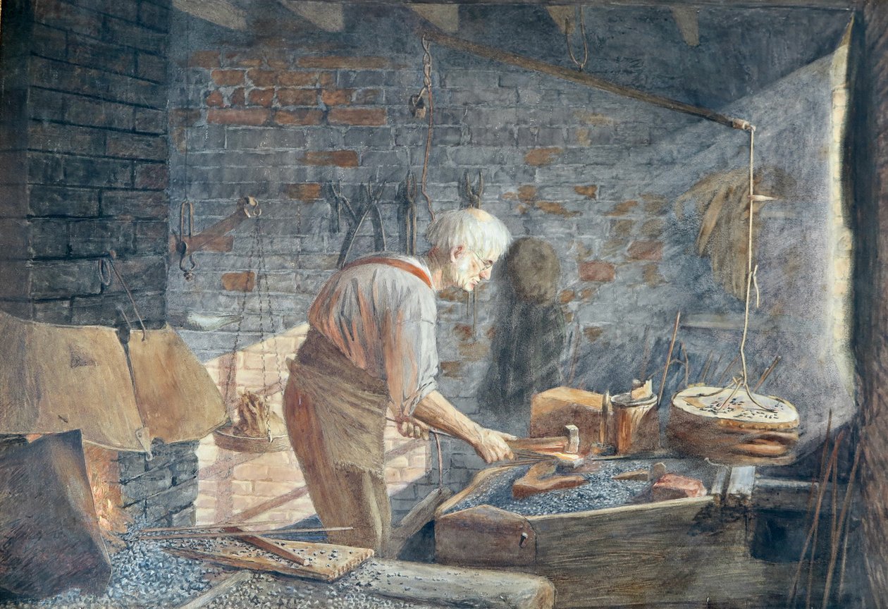 Um ferreiro a trabalhar na sua forja (aguarela) de John B. Gibbs