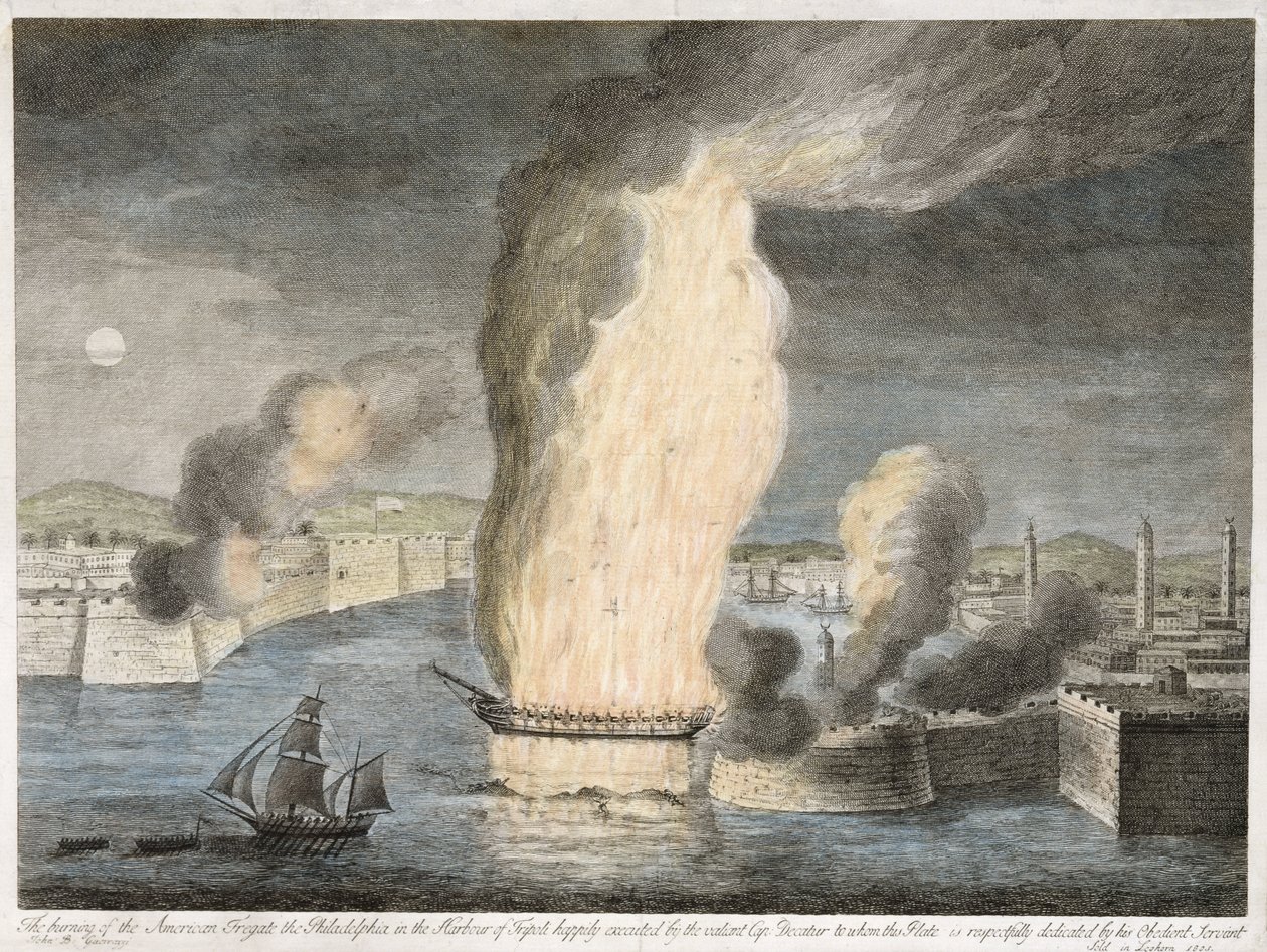 A Queima do Fregate Americano [sic] a Filadélfia no Porto de Tripoli, 1805 (gravura de linha colorida à mão sobre papel avergoado) de John B. Guerazzi