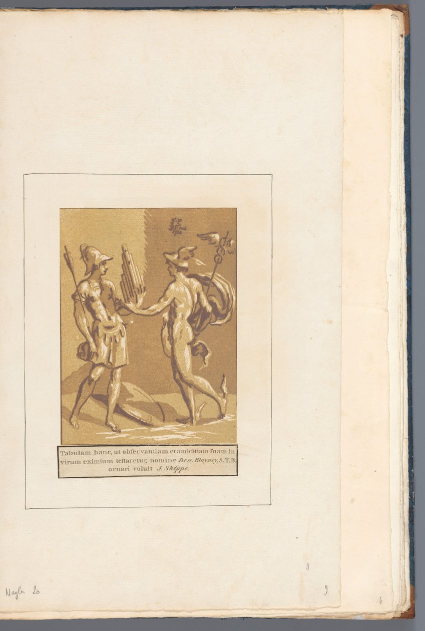 Mercúrio dá a Minerva um panflut Aos amigos e a cada (...) (título da série no objeto) de John B. Skippe