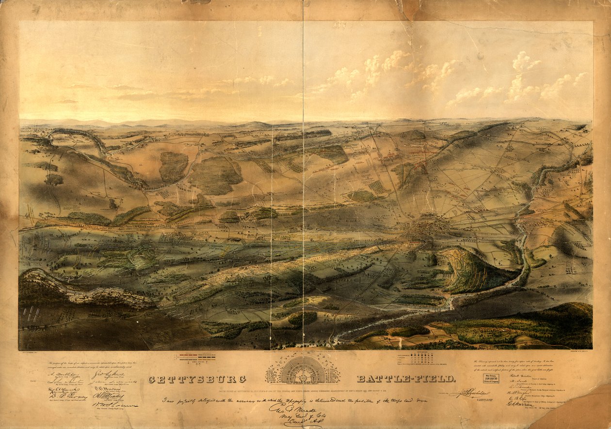Campo de batalha de Gettysburg. Batalha travada em Gettysburg, Pensilvânia, em 1º, 2 e 3 de julho de 1863 pelos exércitos federal e confederado, comandados respectivamente por Genl. G. G. Meade e Genl. Robert E. Lee de John Bachelder