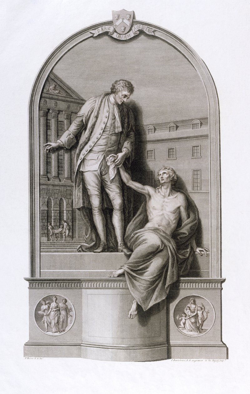 Monumento a Sir Thomas Guy (1645-1724) no Guy&39;s Hospital, Southwark, gravado por Francesco Bartolozzi (1727-1815), c.1784 de John Bacon