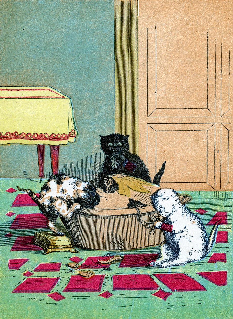 Três gatinhos vestindo luvas e comendo uma torta, ilustração de "Três gatinhos" 1859 de John Ballantyne
