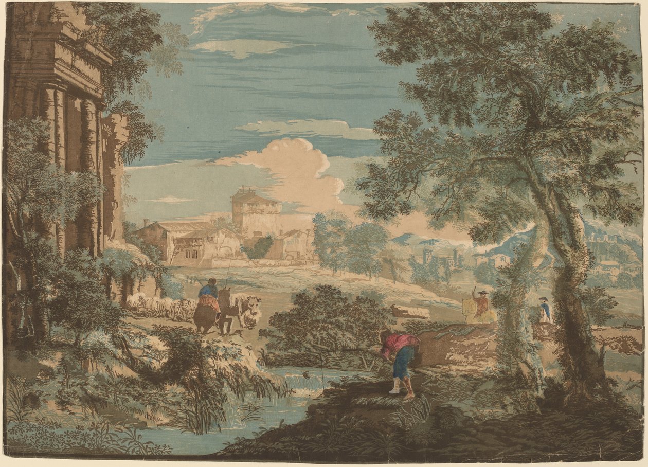 Paisagem heróica com pescadores, vacas e cavaleiros de John Baptist Jackson after Marco Ricci