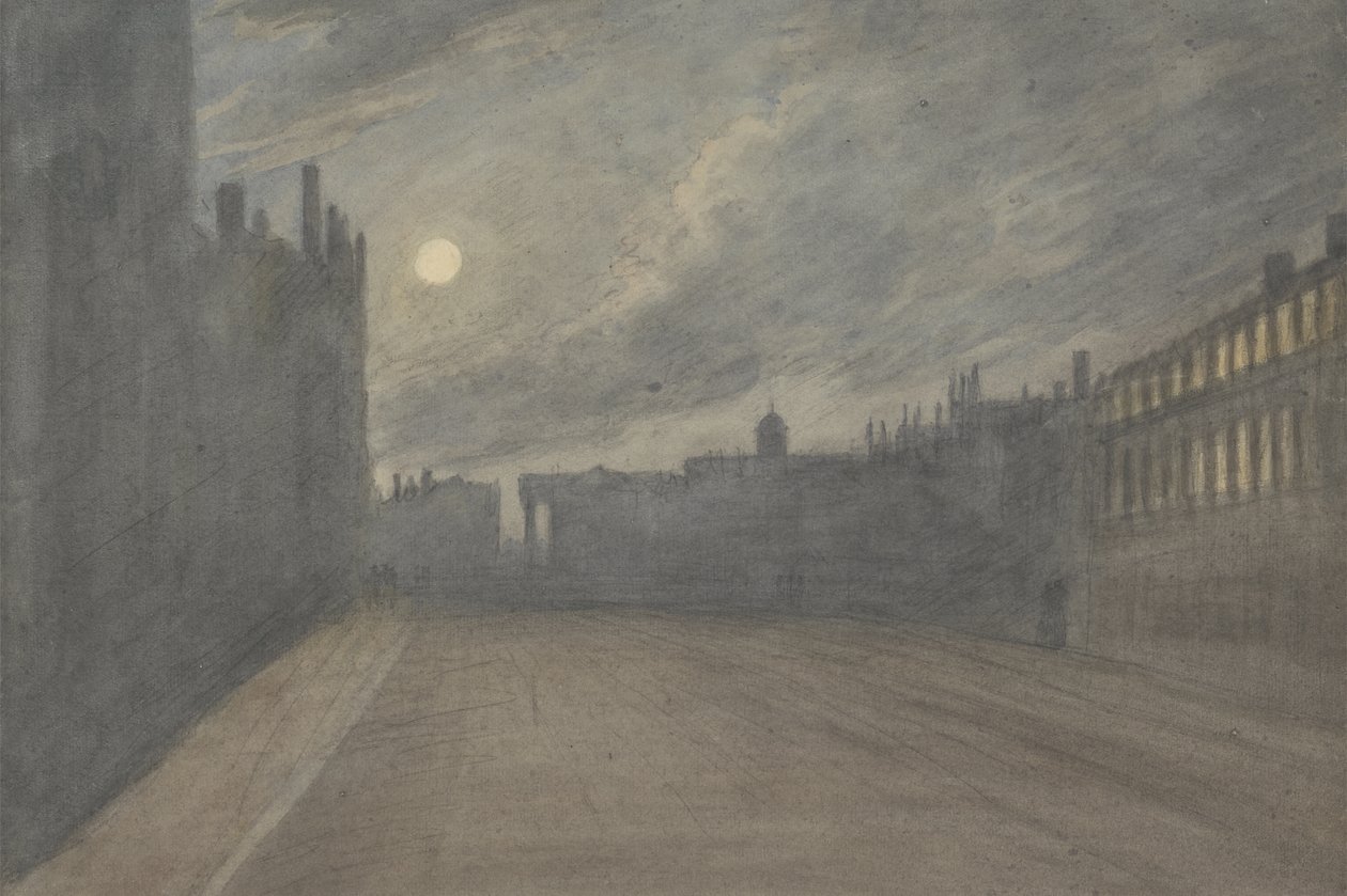 Broad Street, Oxford, lua cheia, 1790 (wc sobre carvão e grafite sobre papel) de John Baptist Malchair