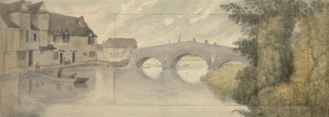 Hythe Bridge, Oxford, 1789 (aquarela sobre grafite em três folhas de papel coladas em uma folha maior) de John Baptist Malchair