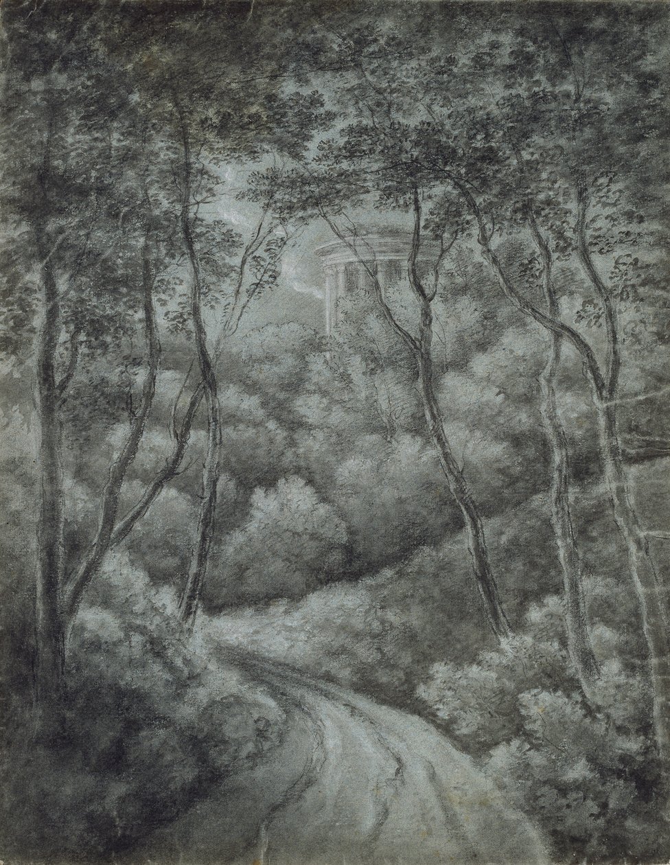 Paisagem com um Caminho através de uma Floresta e um Templo clássico, finais do século XVIII. de John Baptist Malchair