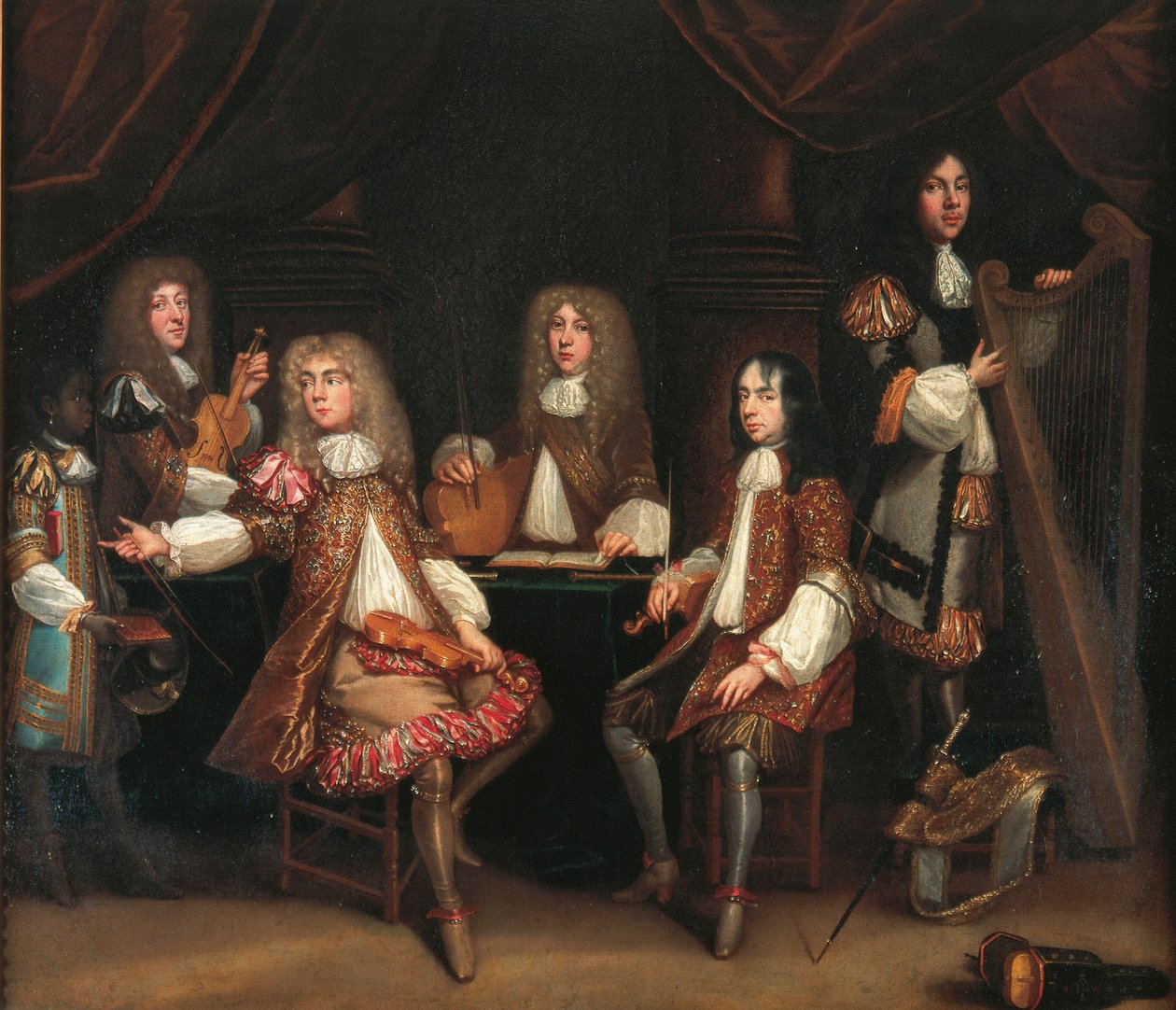 O Crimson Bedchamber, grupo de cavalheiros de retrato com instrumentos musicais, tradicionalmente dito para retratar o Ministério Cabal do Rei Carlos II (óleo sobre tela) de John Baptist de Medina