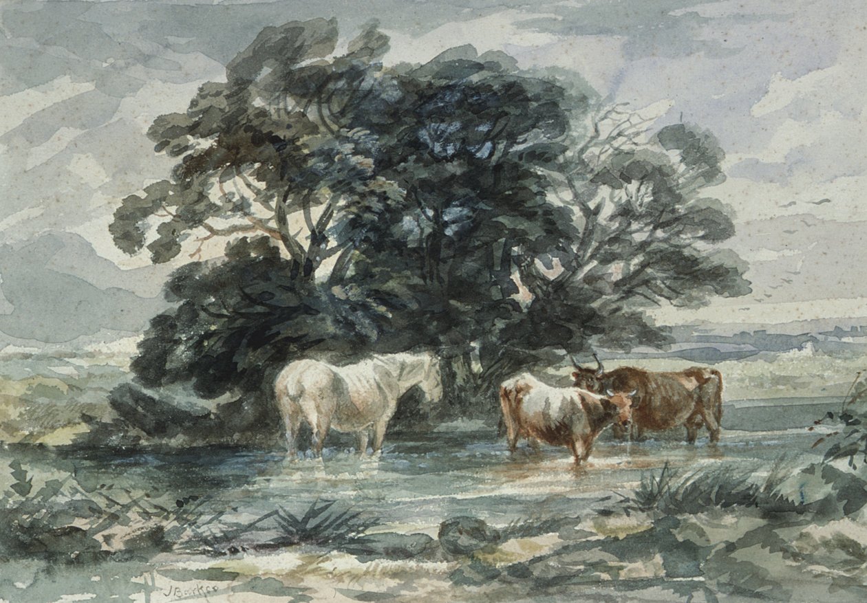 Paisagem, duas vacas e um cavalo em pé na água, (esboço) de John Barker