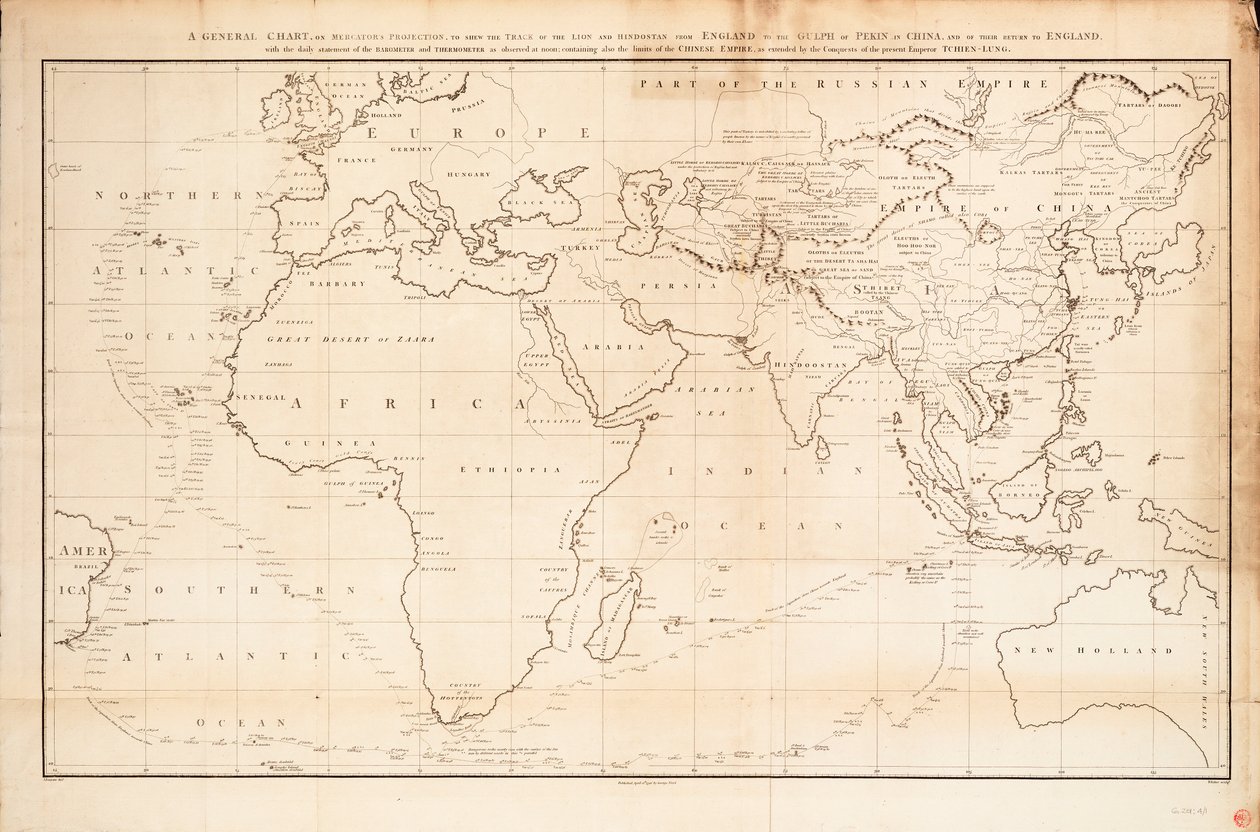 Uma carta geral em projeção de Mercators para mostrar o percurso do "Lion" e do "Hindostan" desde Inglaterra até ao golfo de Pekin na China e o seu regresso a Inglaterra de John Barrow