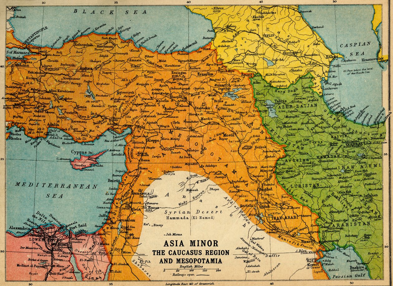 Ásia Menor, região do Cáucaso e Mesopotâmia, Primeira Guerra Mundial, c1915, c1920. de John Bartholomew and Son