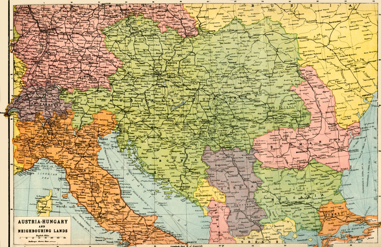 Áustria-Hungria e terras vizinhas - Mapa, 1920. de John Bartholomew and Son