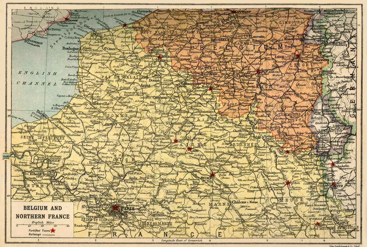 Mapa da Bélgica e do norte da França, c1914, c1920. de John Bartholomew and Son