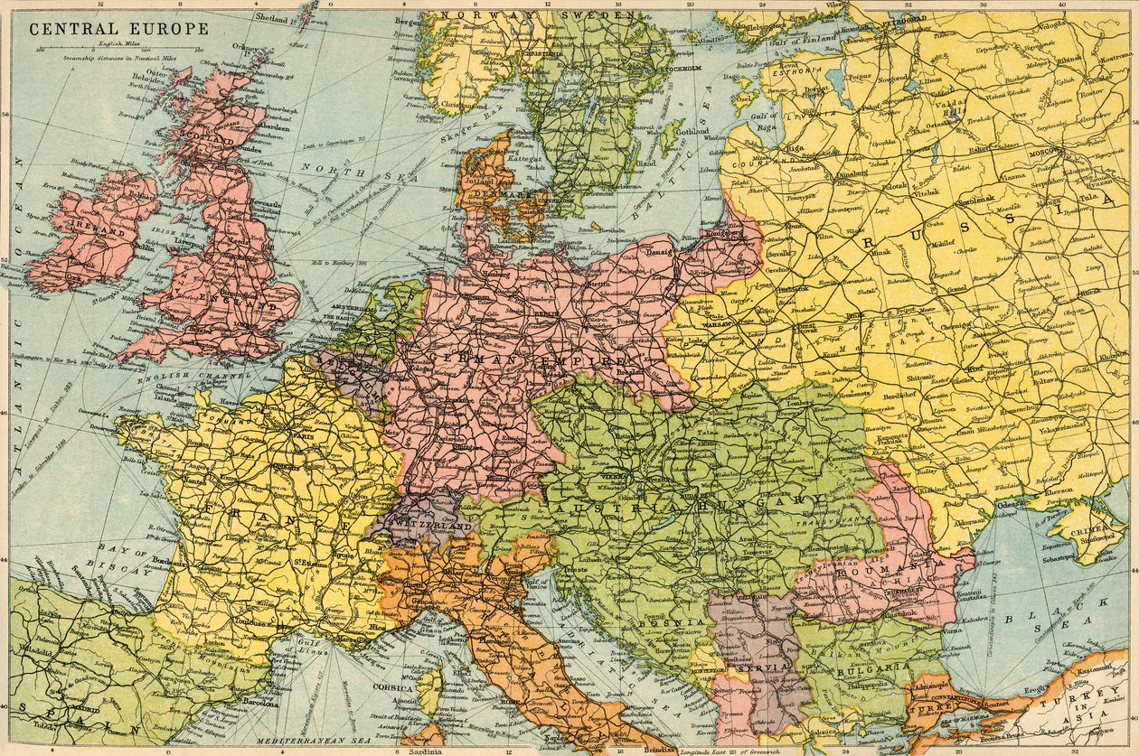 Mapa da Europa Central, c1914. de John Bartholomew and Son