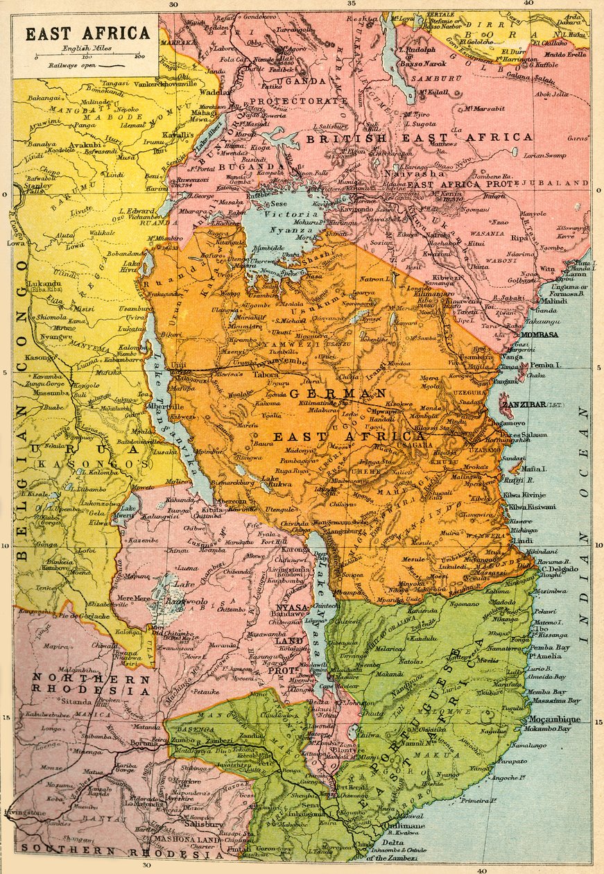 Mapa da África Oriental, Primeira Guerra Mundial, c1920. de John Bartholomew and Son