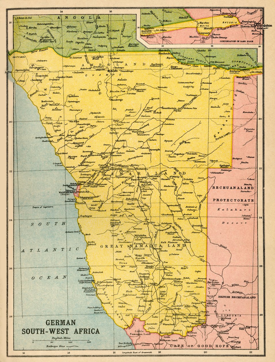 Mapa do sul da África ocidental alemã, primeira guerra mundial, c1920. de John Bartholomew and Son