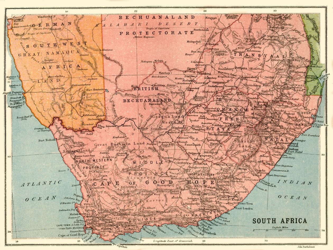 Mapa da África do Sul, c1914, c1920. de John Bartholomew and Son