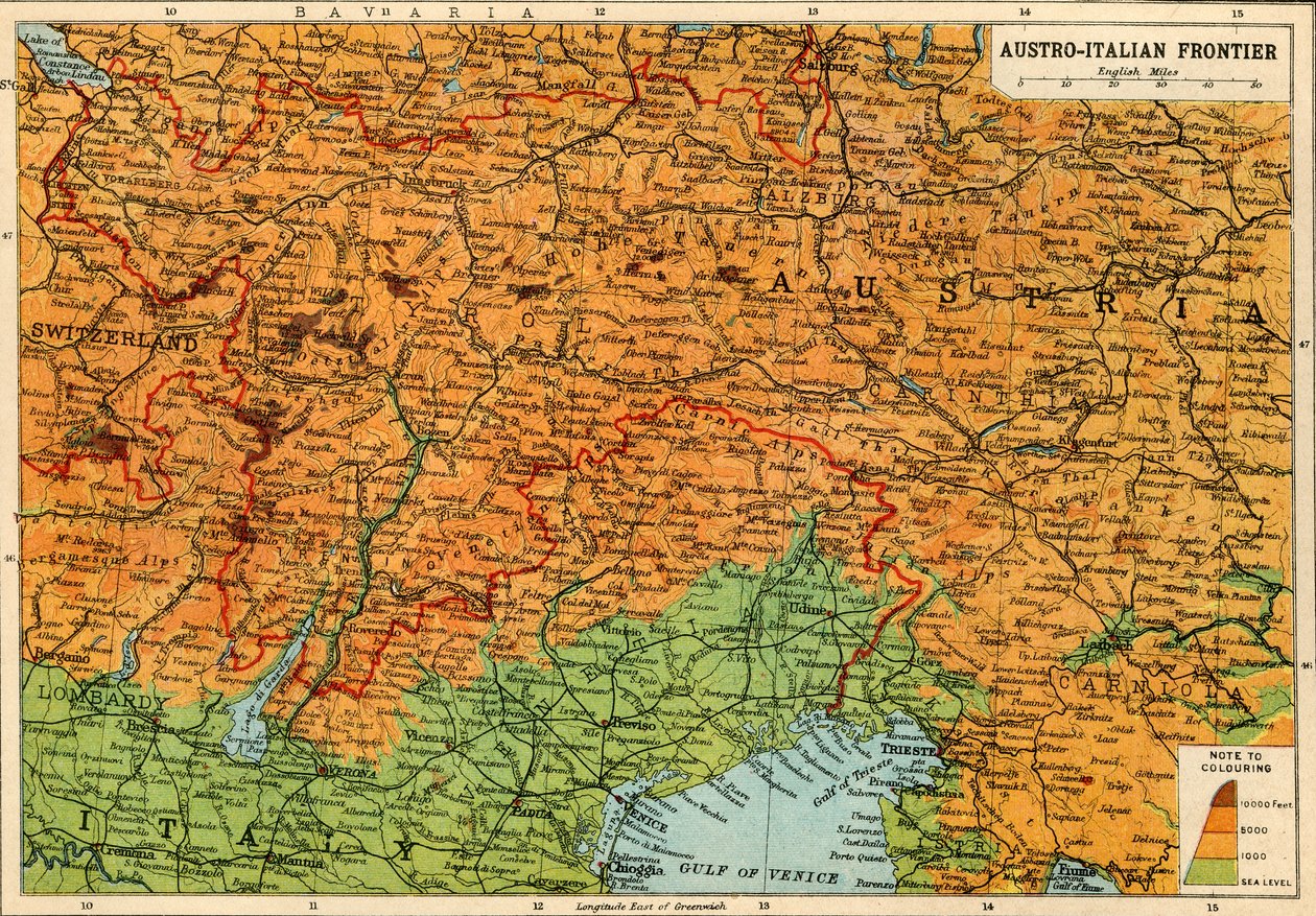 Mapa da fronteira austro-italiana, Primeira Guerra Mundial, c1920. de John Bartholomew and Son