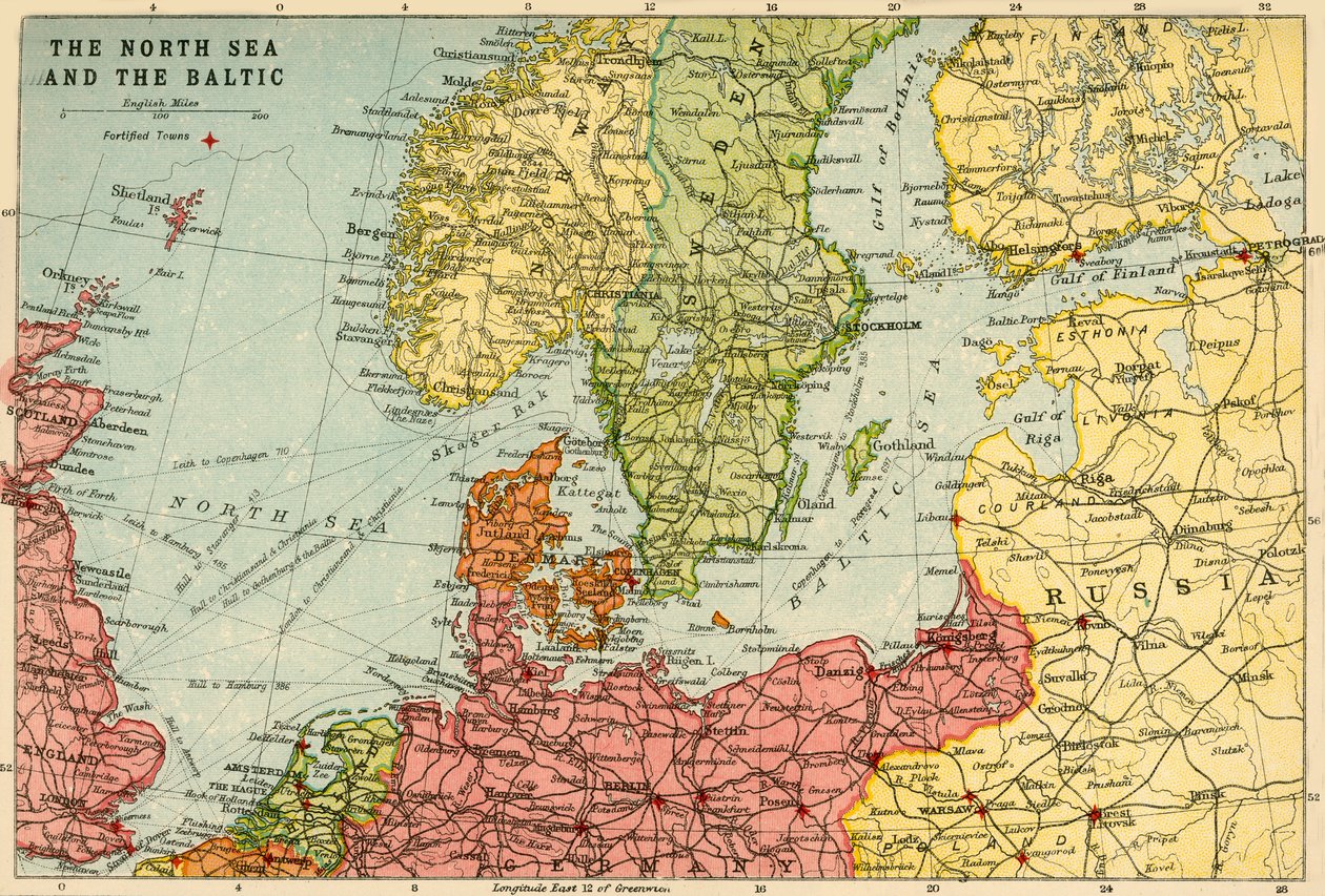 Mapa do Mar do Norte e do Báltico, c1914, c1920. de John Bartholomew and Son