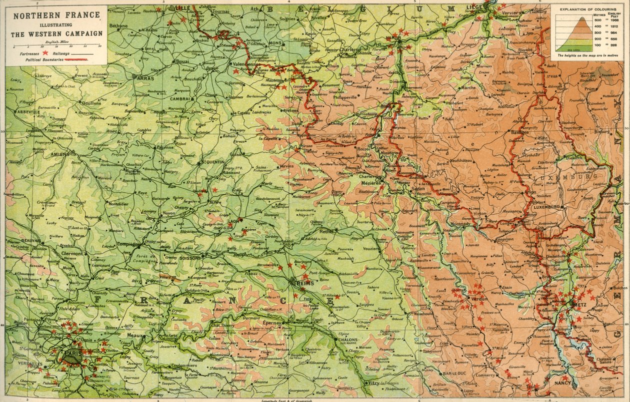 Norte da França ilustrando a campanha ocidental, 1914, c1920. de John Bartholomew and Son