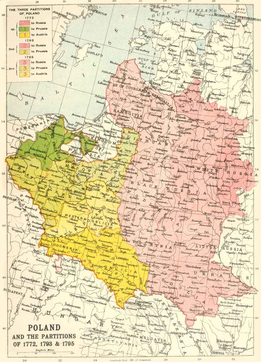 Polônia e as partições de 1772, 1793 e 1795, c1920. de John Bartholomew and Son
