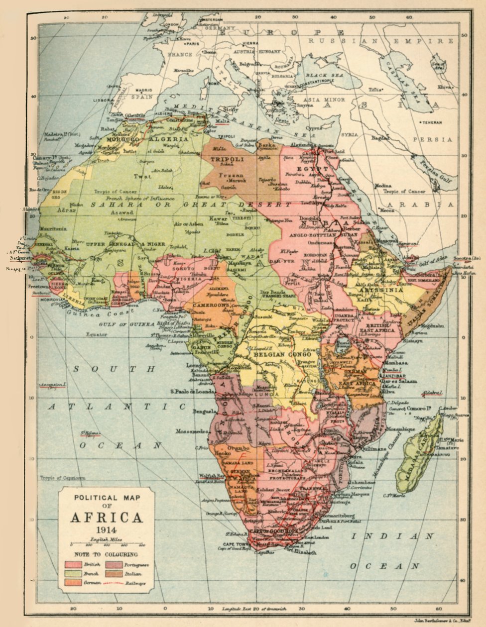 Mapa político da África, 1914, 1920. de John Bartholomew and Son