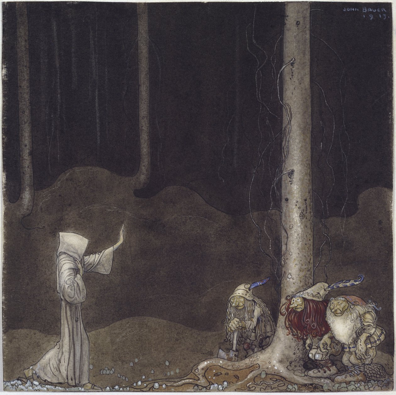 Frere Martin et les trois trolls - Irmão Martin e Three Trolls, de Bauer, John (1882-1918). Aquarela sobre papel de John Bauer
